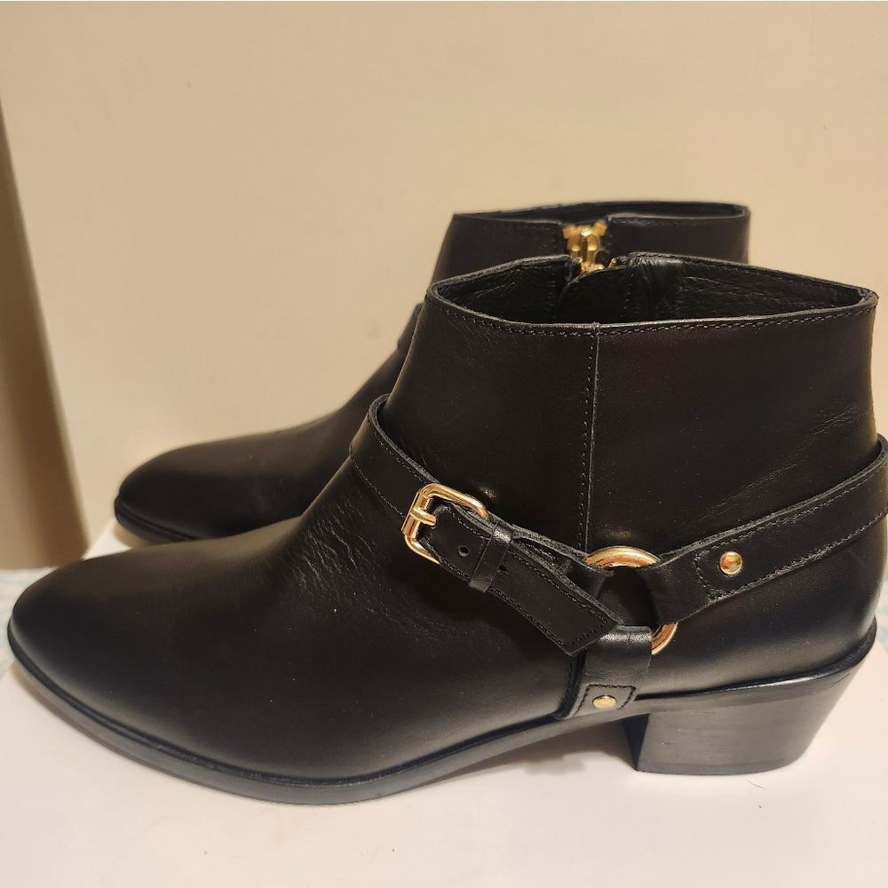 New J. Crew "Remi" Black Leather w/Harness Ankle Boots Size 7.5 (Retail $268)